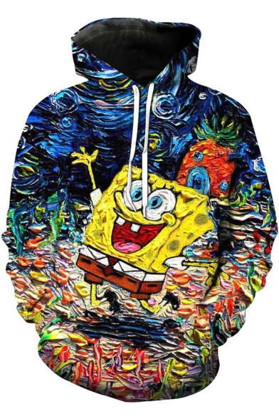 SquarePants New Stylish 3D Oil Painting Loose Fit Drawstring Hoodie