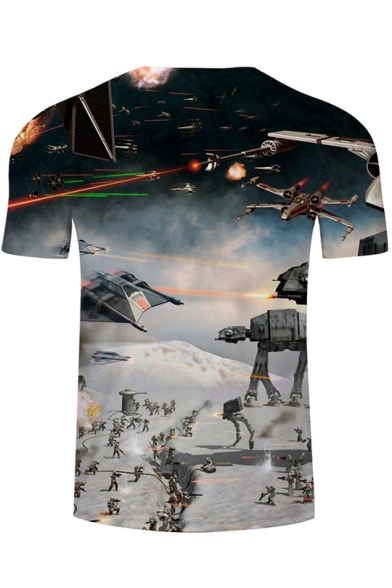 Star Wars 3D Robot Printed Basic Round Neck Short Sleeve Fitted Blue T-Shirt