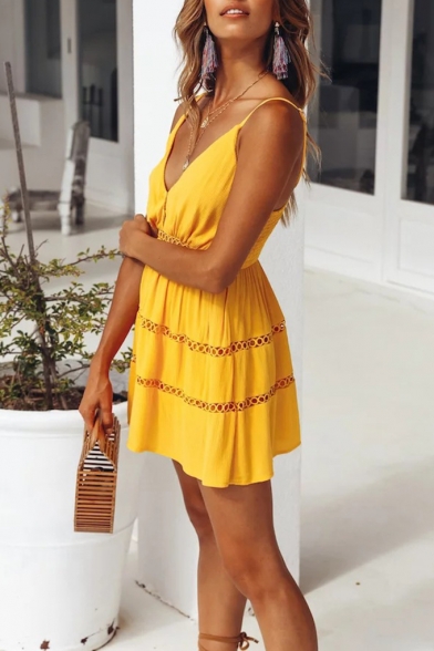 Summer Fashion Yellow Hollow out Strap Plain Mini A-Line Slip Dress