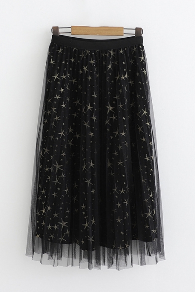 Summer Girls Cute Star Printed Elastic Waist Double Layered Midi Mesh Skirt