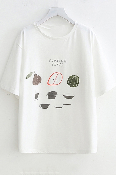 Summer Letter Fruits Printed Round Neck Short Sleeve White Cotton T-Shirt