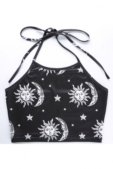 Summer New Trendy Funny Cartoon Sun and Moon Printed Halter Neck Black Cropped Cami Top