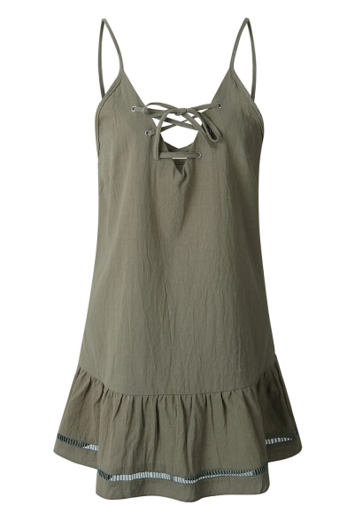 Summer Womens New Fashion Lace-Up Front Chic Ruffle Hem Simple Plain Mini Slip Dress