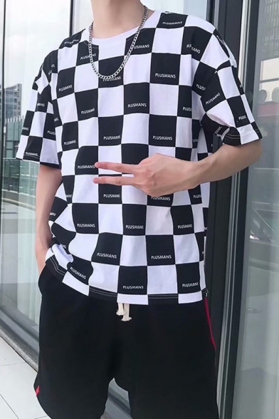 Trendy Allover Letter PLUSMANS Checkerboard Pattern Hip Hop Relaxed T-Shirt