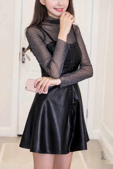 Womens New Fashion Button-Down Black Mini A-Line PU Cami Dress Two-Piece Dress