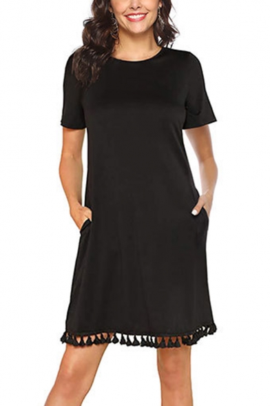 Womens Summer Fashion Solid Color Round Neck Short Sleeve Tassel Hem Mini Loose T-Shirt Dress