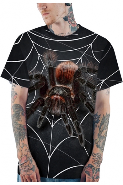 Black 3D Spider Printed Basic Round Neck Short Sleeve Loose Casual T-Shirt