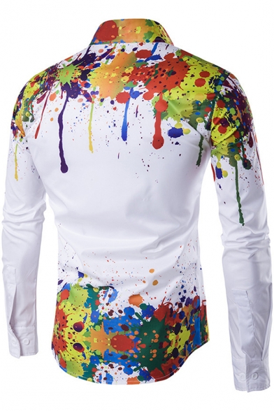 Cool Awesome Splash Ink Painted Men's White Long Sleeve Fitted Button-Up Shirt