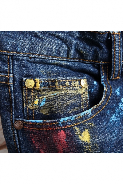 Cool Colorful Patchwork Rolled Cuff Mens Dark Blue Straight Jeans
