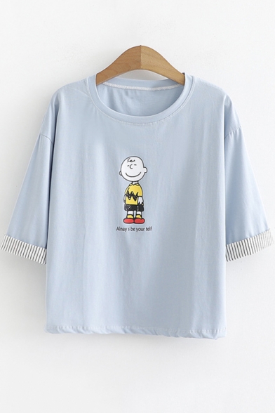 Cute Cartoon Boy Letter ALNAYS BE YOUR TELF Short Sleeve Students T-Shirt