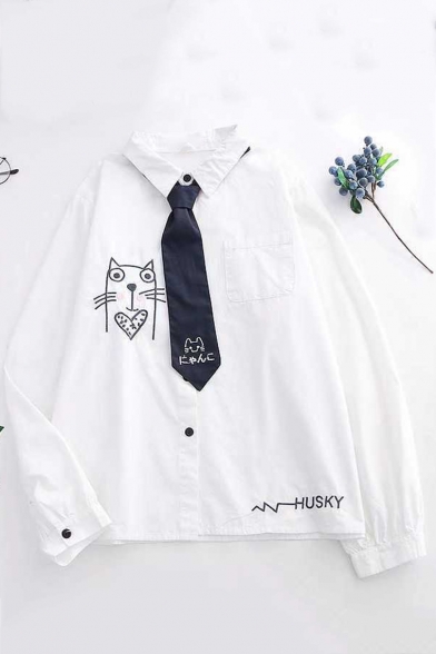 Cute Cartoon Cat Printed Tied Collar Long Sleeve Basic White Cotton Shirt