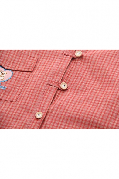 Cute Teddy Bear Embroidery Patched Pocket Classic Plaid Print Long Sleeve Button Down Shirt