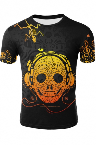 Funny Earphone Skull Printed Summer Mens Short Sleeve Black T-Shirt