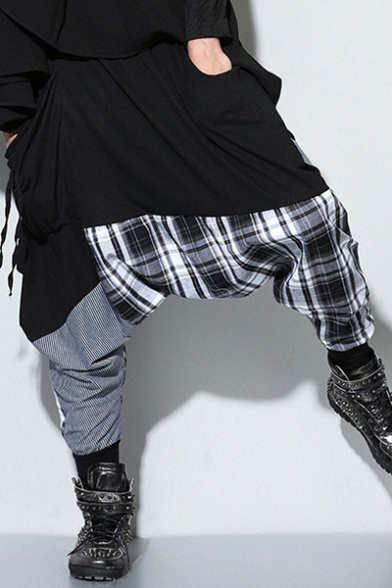Guys Cool Hip Hop Fashion Unique Plaid Patchwork Cotton Black Baggy Pants Harem Pants