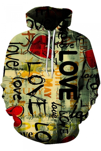 Heart Love Street Style Graffiti 3D Printed Loose Relaxed Green Hoodie