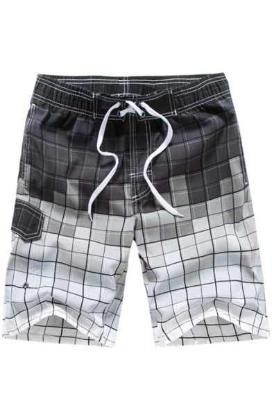Holiday Beach Surfing Drawstring Plaids Ombre Colorblocked Cargo Swim Shorts for Men
