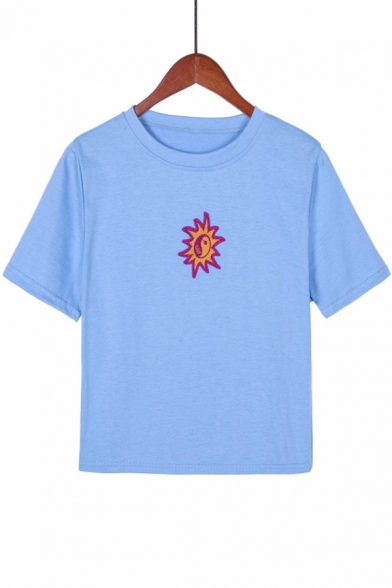 Lovely Sun Embroidered Round Neck Short Sleeve Casual Blue T-Shirt