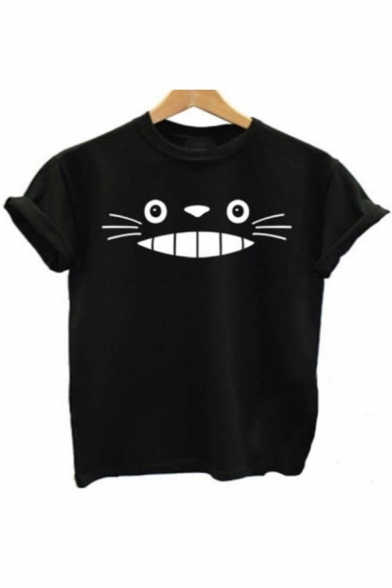 Lovely Totoro Printed Basic Short Sleeve Round Neck Black T-Shirt