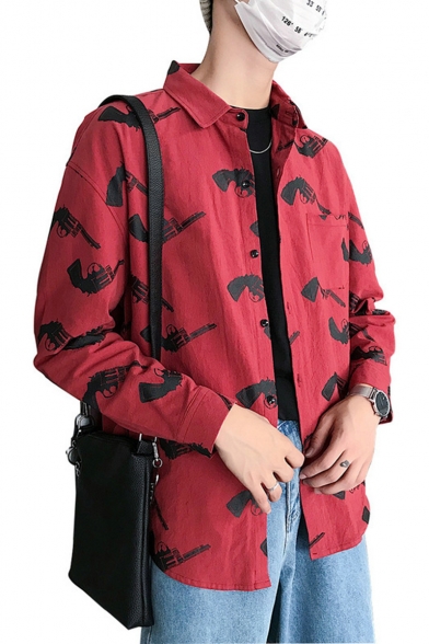 Men's New Fashion Cool Allover Gun Printed Relaxed Fit Long Sleeve Over Shirt