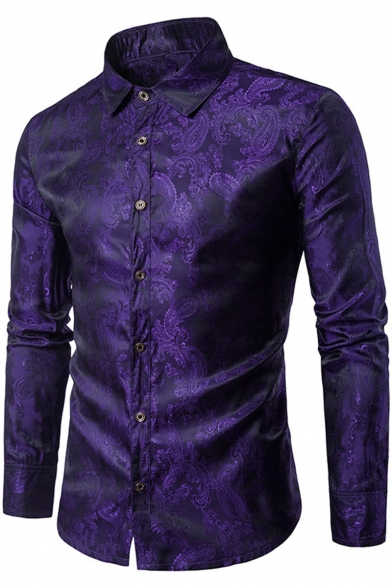 Mens New Trendy Bright Silk Floral Night Club Fitted Button-Front Party Shirt