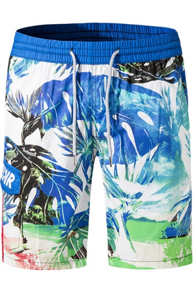 Mens Summer Fashion Printed Drawstring Waist Breathable Casual Blue Beach Swim Trunks