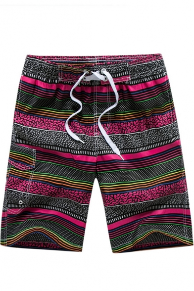 Mens Summer Fashion Tribal Print Striped Pattern Drawstring Waist Quick Dry Casual Beach Swim Trunks