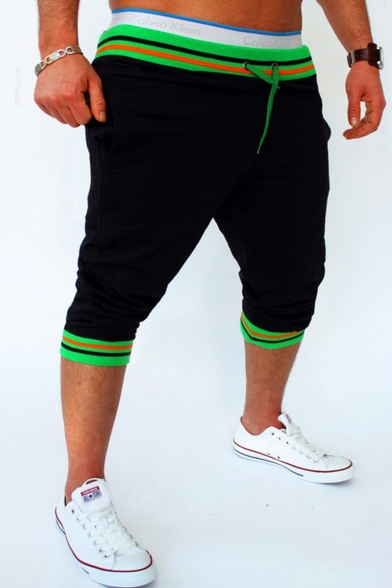 New Fashion Mens Contrast Stripe Trim Drawstring Waist Stretch Cropped Skinny Pencil Pants