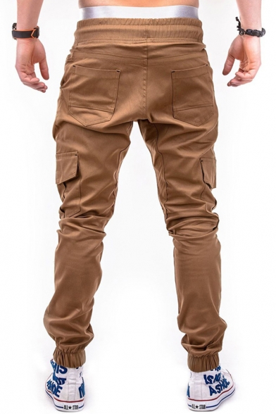 New Stylish Plain Drawstring Waist Flap Pocket Side Elastic Cuff Fitted Cargo Pants
