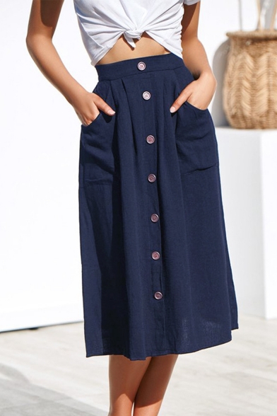 New Trendy Solid Color Elastic Waist Button-Down Casual Midi A-Line Skirt