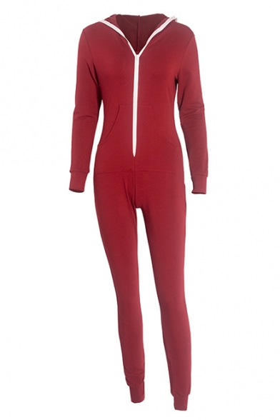 New Trendy Solid Color Hooded Long Sleeve Full Zip Slim Fit Jumpsuits