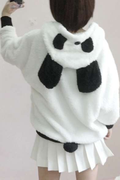 Panda Pattern Long Sleeve Zip Up Hooded Fur Coat