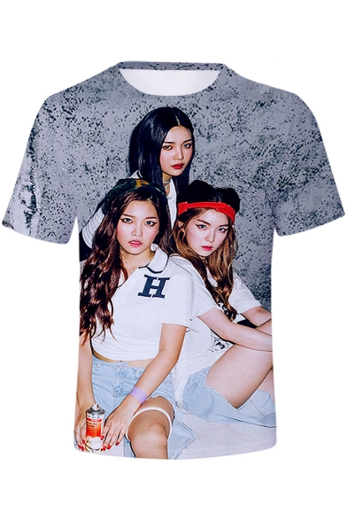 Girl Band Popular 3D Mouth Letter Printed Basic Short Sleeve T-Shirt