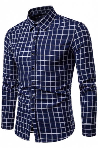iZHH Mens Slim Fit Button Plaid Shirt with Pocket Long Sleeve Tops Blouse