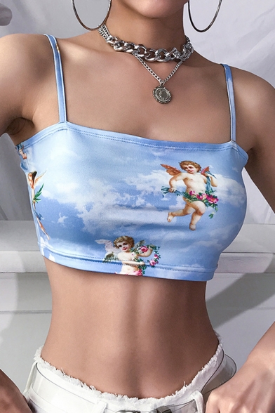 Summer Hot Popular Angel Baby Printed Girls Cropped Blue Cami Top