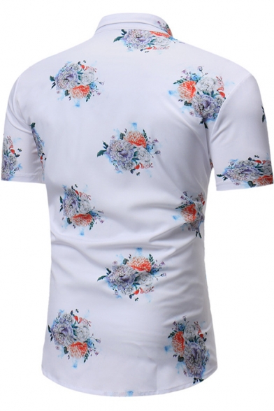 Summer New Fashion Floral Printed Mens Short Sleeve Slim Fit White Button-Up Shirt