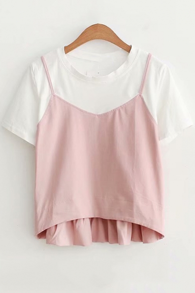 Summer New Stylish Cami Patched Fake Two-Piece Short Sleeve T-Shirt