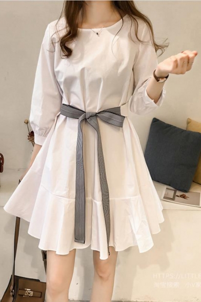 Summer Trendy Plain Round Neck Three-Quarter Sleeve Tied-Waist Ruffled Hem Mini A-Line Dress