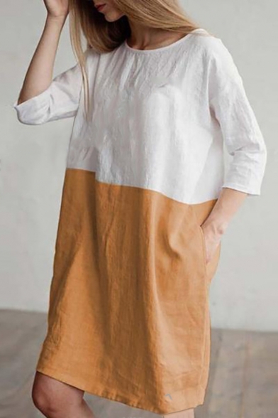 Trendy Colorblock Patched Round Neck Three-Quarter Sleeve Midi Linen Shift Dress
