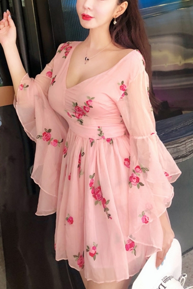 pink flare sleeve dress