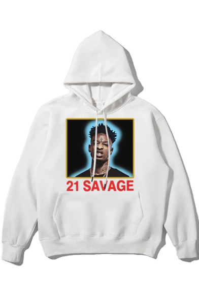 21 Savage Hip Hop Style Figure Printed Basic Long Sleeve Pullover Hoodie