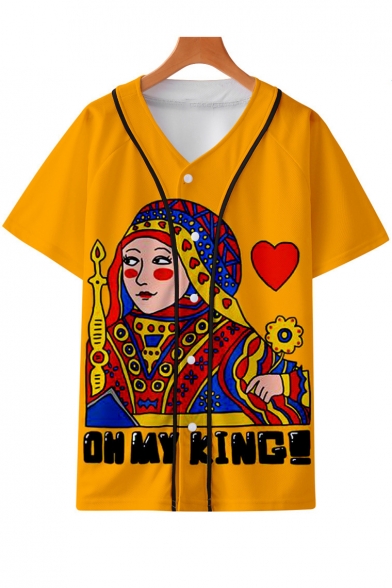 Cool Funny 3D King Queen Poker Card Print Short Sleeve Button-Down Casual Baseball Shirt