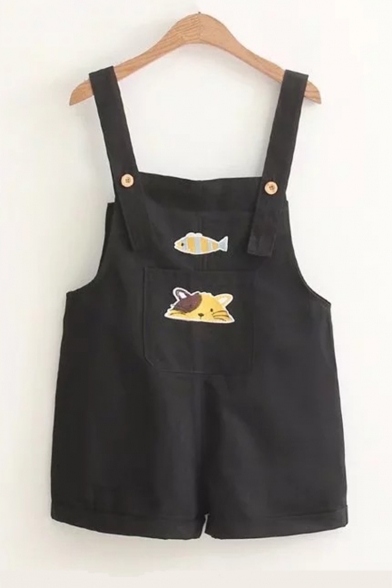 Cute Cat Fish Embroidered Girls Preppy Style Overall Rompers