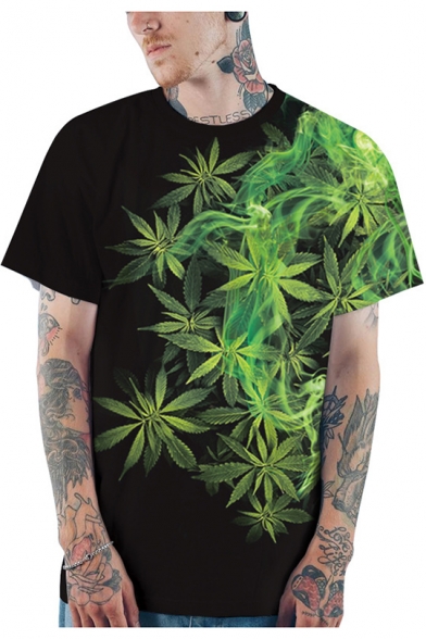 Fashion 3D Green Smoke Weed Printed Round Neck Short Sleeve Black Loose T-Shirt