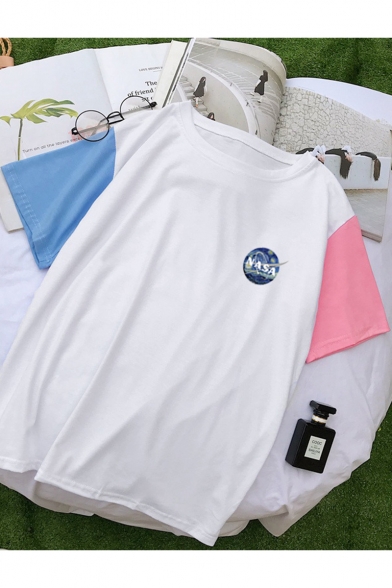 Fashion NASA Logo Print Colorblock Short Sleeve Summer Relaxed T-Shirt