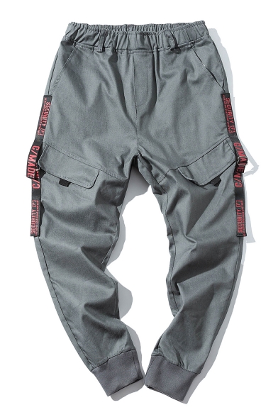 Guys Cool Letter Tape Side Flap Pocket Elastic Waist Loose Casual Grey Cargo Pants