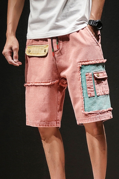 Guys New Trendy Vintage Style Frayed Hem Patchwork Drawstring Waist Denim Shorts Cargo Shorts