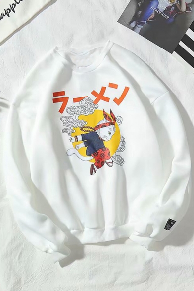 Japanese Style Retro Cartoon Printed Round Neck Long Sleeve Pullover Loose Fit Sweatshirt