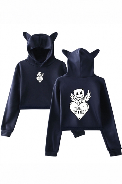 Marshmello Cute Cartoon Wing Letter BE MINE Heart Cat Ear Cropped Casual Hoodie