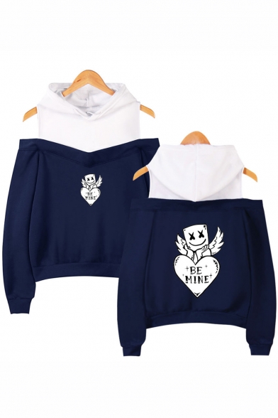 Marshmello Funny Wing Letter BE MINE Cold Shoulder Pullover Hoodie for Girls