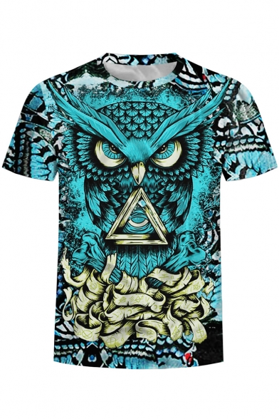 Mens Fashion Night Owl 3D Printed Short Sleeve Blue T-Shirt